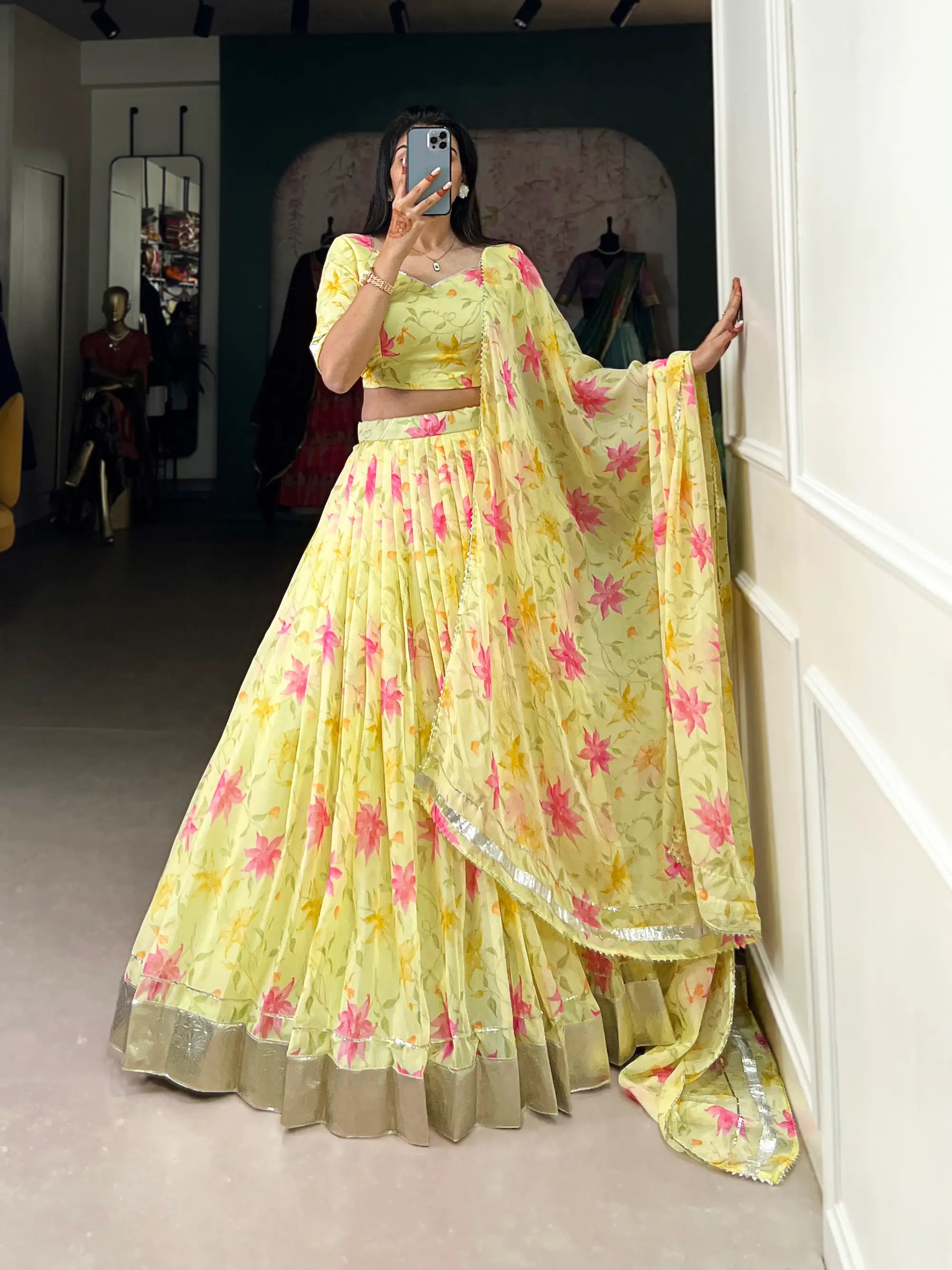Yellow Tabby Silk Floral Printed Lehenga Choli | Ready To Wear - qivii