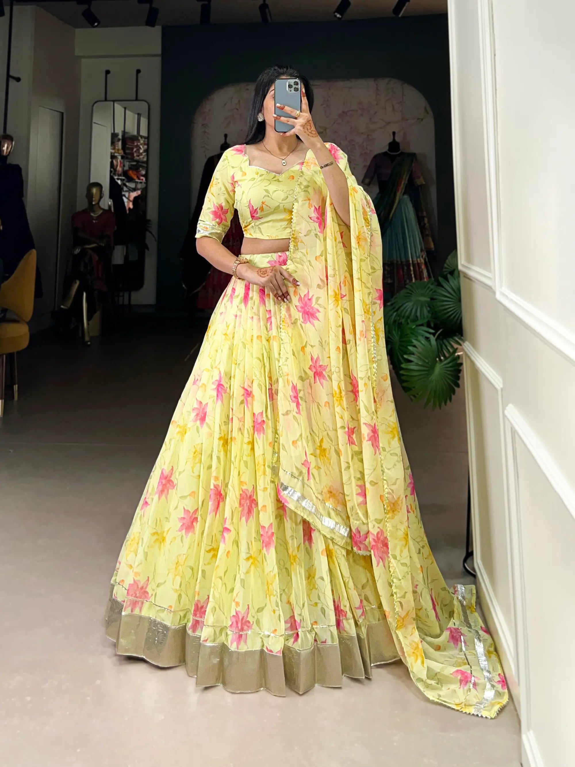 Yellow Tabby Silk Floral Printed Lehenga Choli | Ready To Wear - qivii