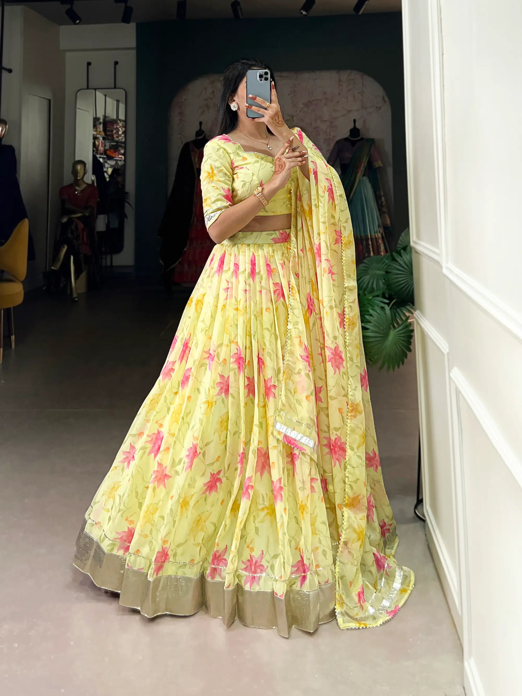Yellow Tabby Silk Floral Printed Lehenga Choli | Ready To Wear - qivii