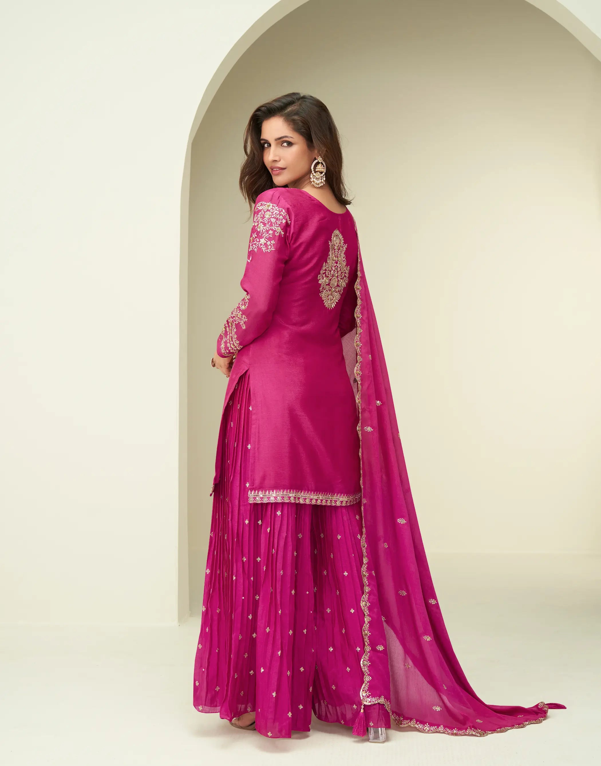 Dark Pink Chinon Silk Palazzo Suit With Embroidery Work - qivii