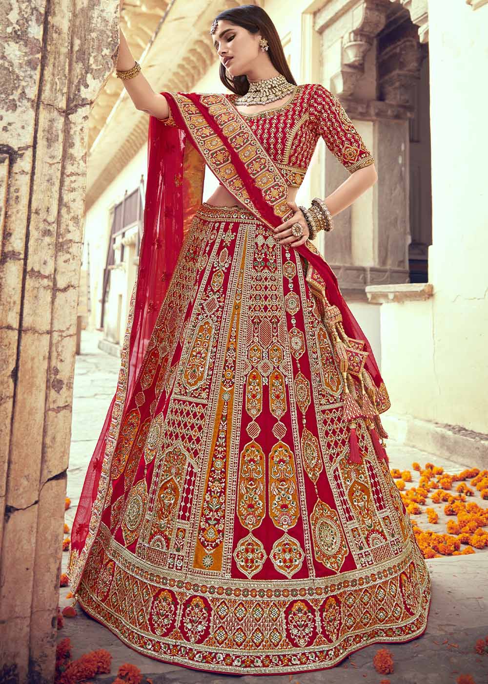 Apple Red Banarasi Silk Lehenga Choli with Jarkan, Cutdana and Hand Embroidery work:Bridal Edition | Ready To Wear - qivii