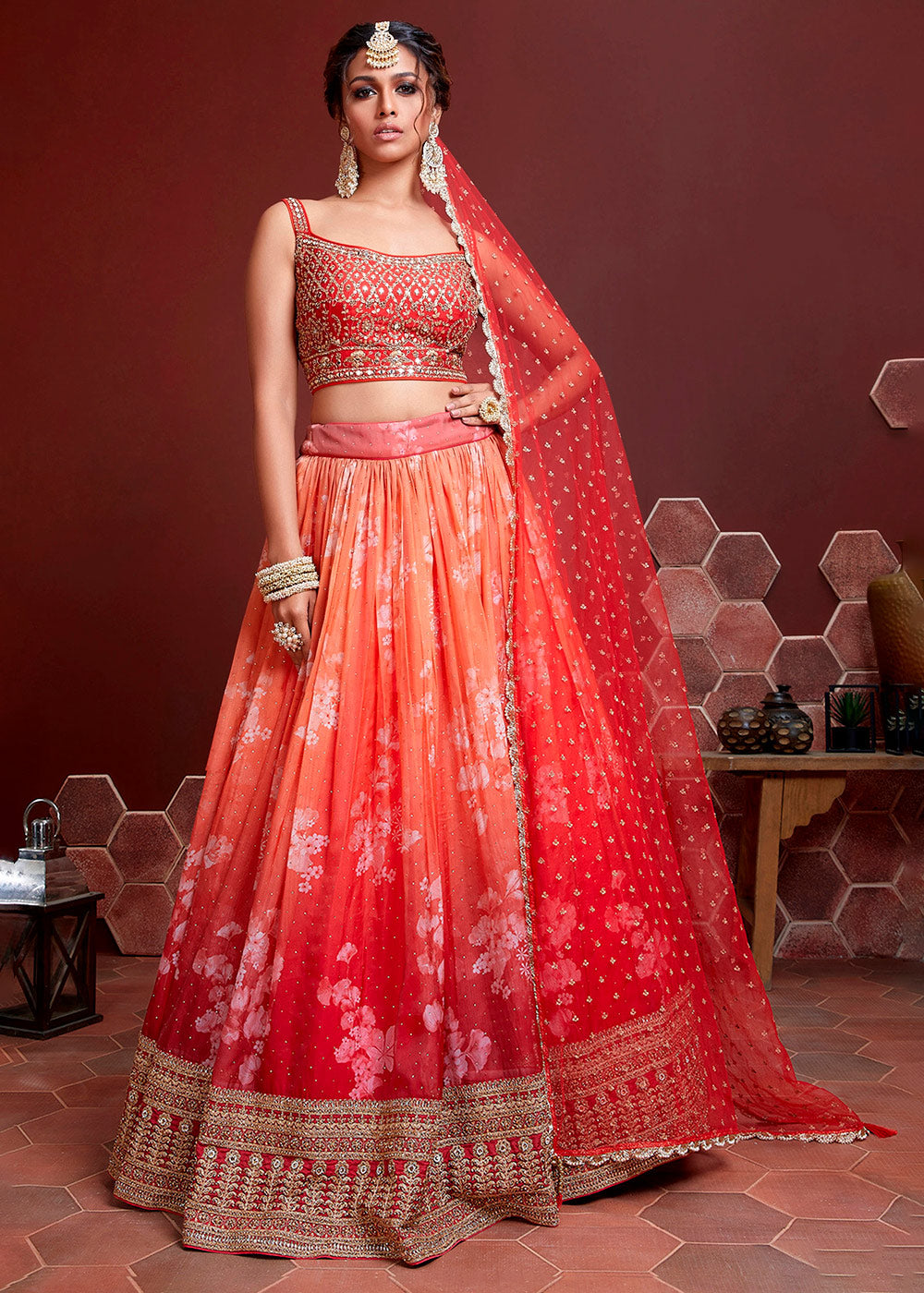 Shades Of Red Floral Printed Organza Silk Lehenga Choli with Swarovski & Mirror work | Ready To Wear - qivii