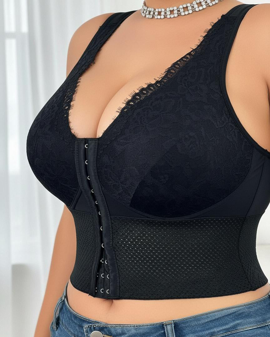 Lace Trim Front Hook-and-Eye Bustier Shaper Tank Top with Waist Control