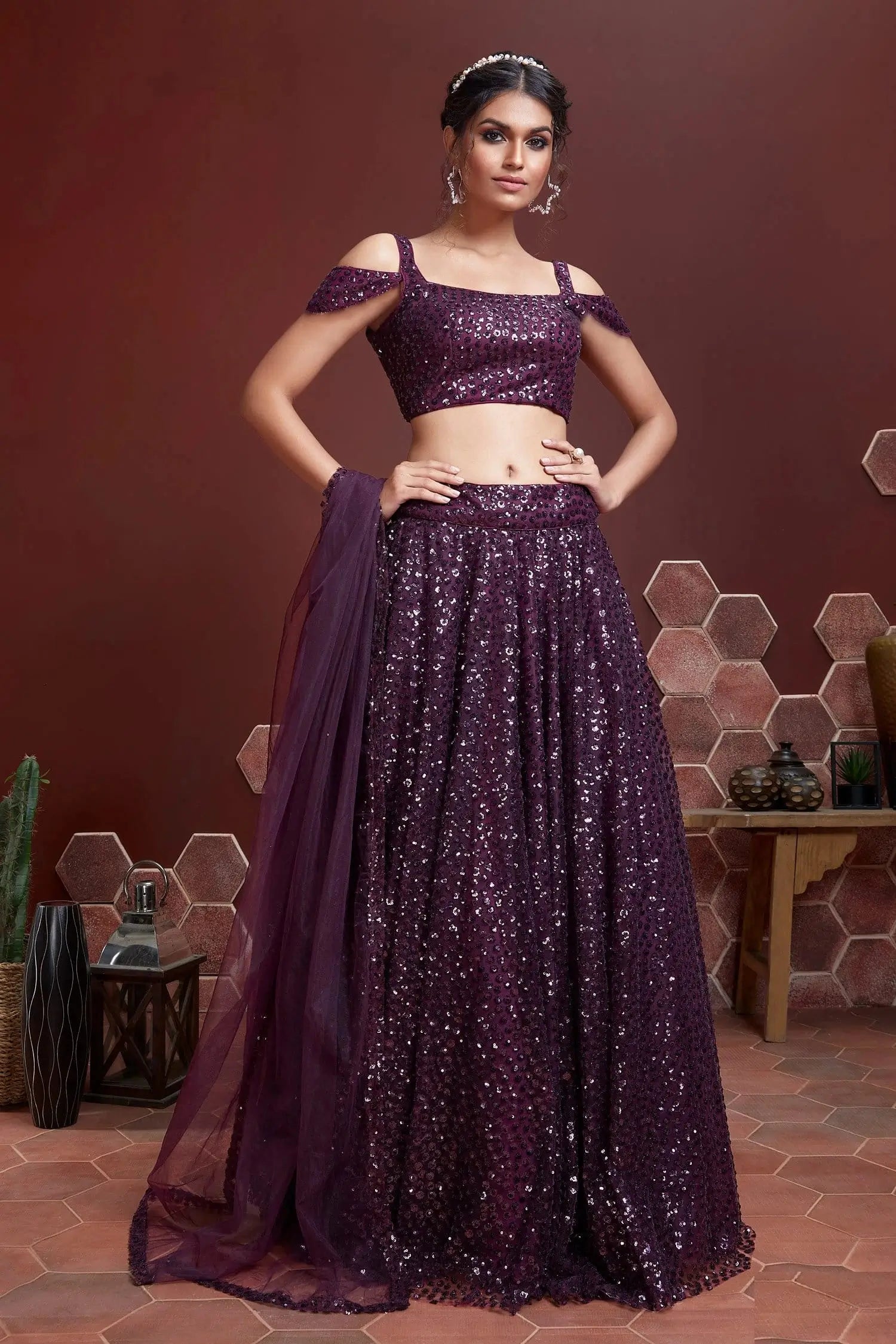 Wine Soft Net Lehenga With Heavy Embroidery Sequins Work | Ready To Wear - qivii