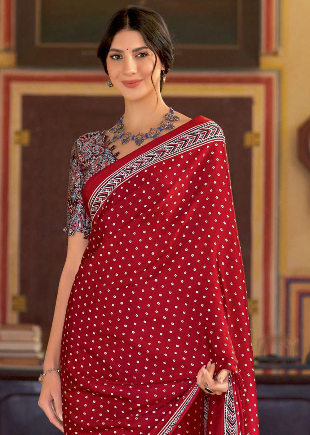 Crimson Red Ajrakh Printed Satin Crepe Saree:Summer Collection - qivii
