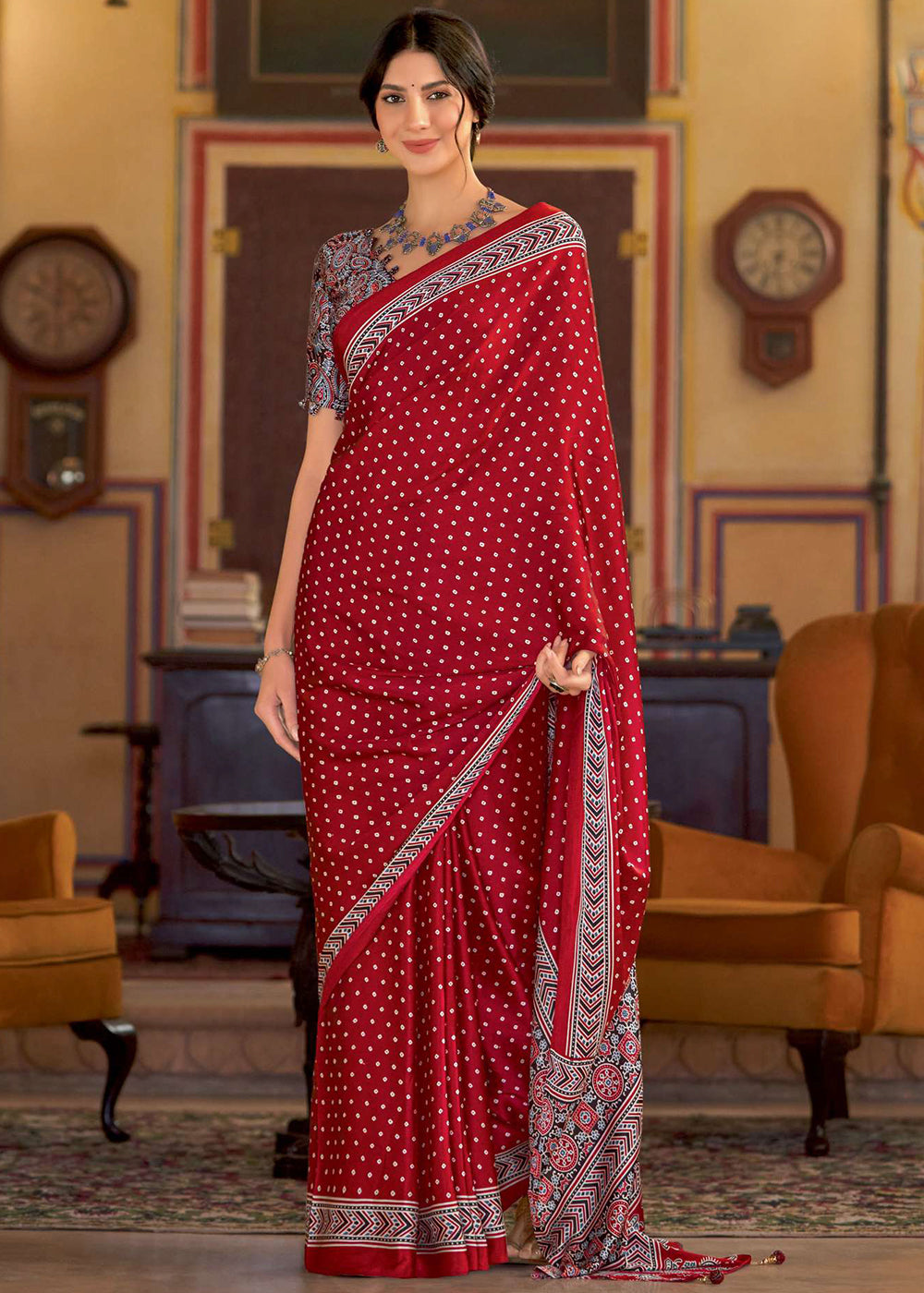 Crimson Red Ajrakh Printed Satin Crepe Saree:Summer Collection - qivii