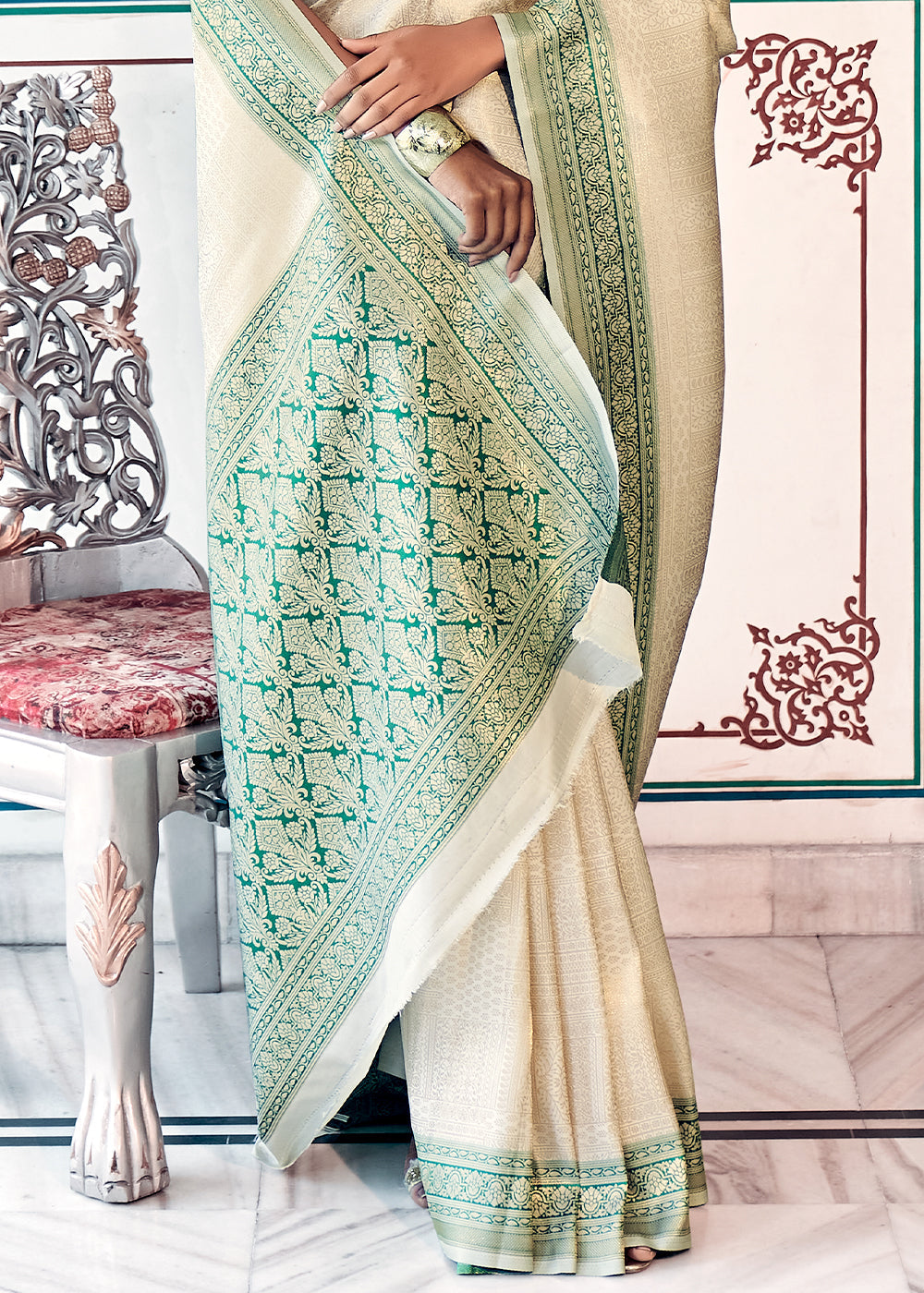 Off White & Green Zari Woven Kanjivaram Silk Saree - qivii