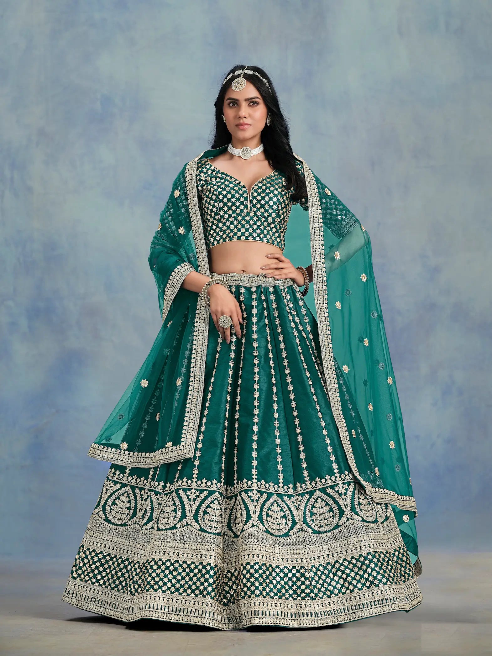 Green Art Silk Thread & Sequence Embroidery Work Lehenga Choli - qivii