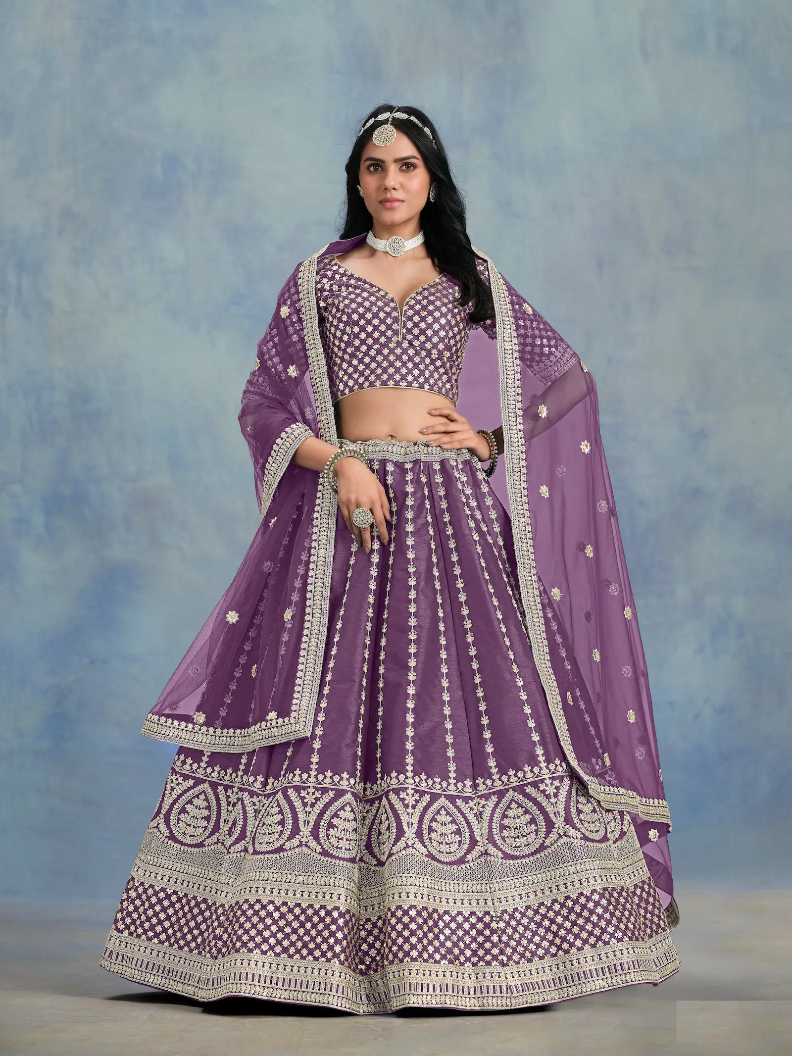 Purple Art Silk Thread & Sequence Embroidery Work Lehenga Choli - qivii