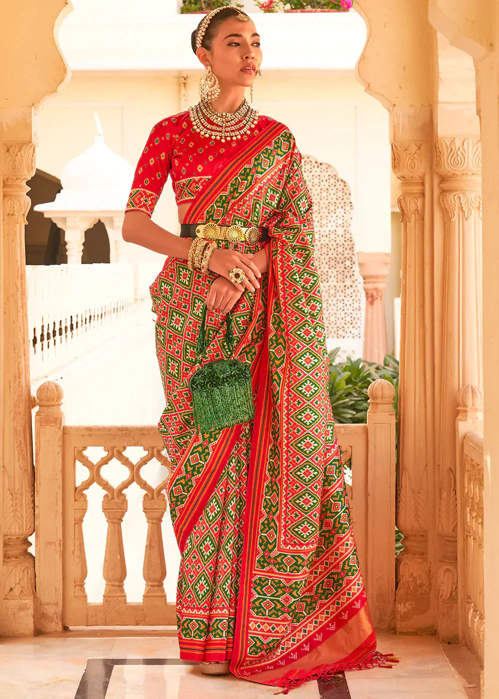 Red & Green Printed Patola Tussar Silk Saree - qivii