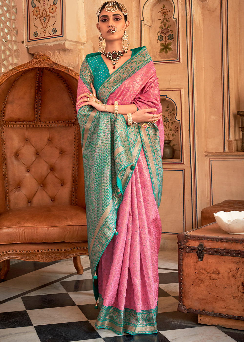 Rose Pink Zari Woven Banarasi Silk Saree - qivii