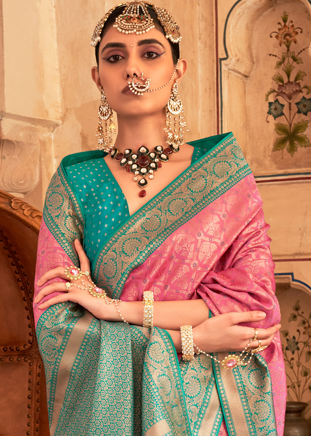 Rose Pink Zari Woven Banarasi Silk Saree - qivii