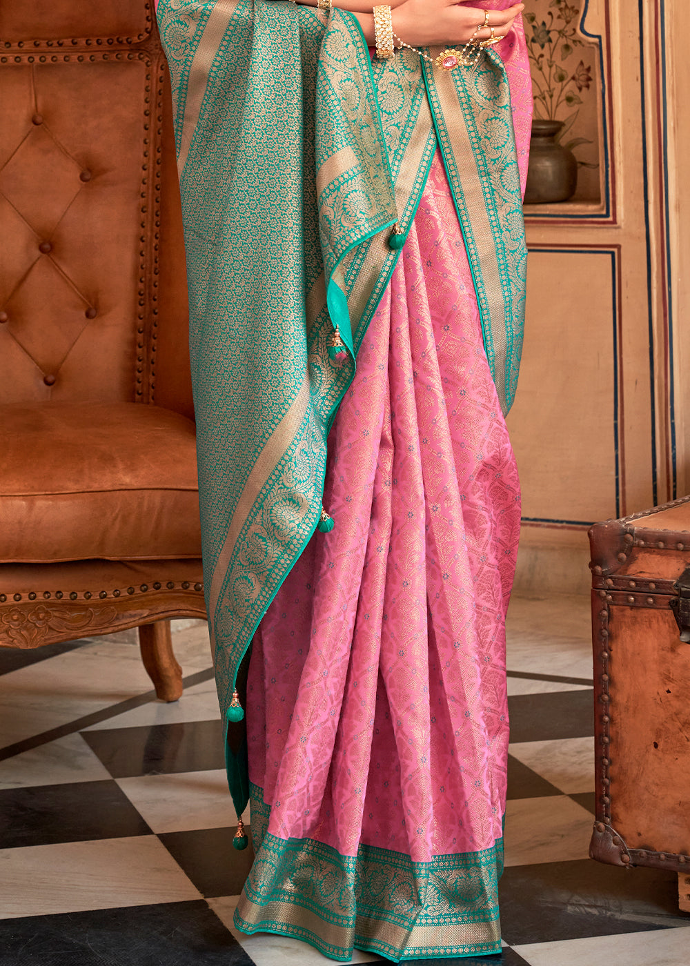 Rose Pink Zari Woven Banarasi Silk Saree - qivii