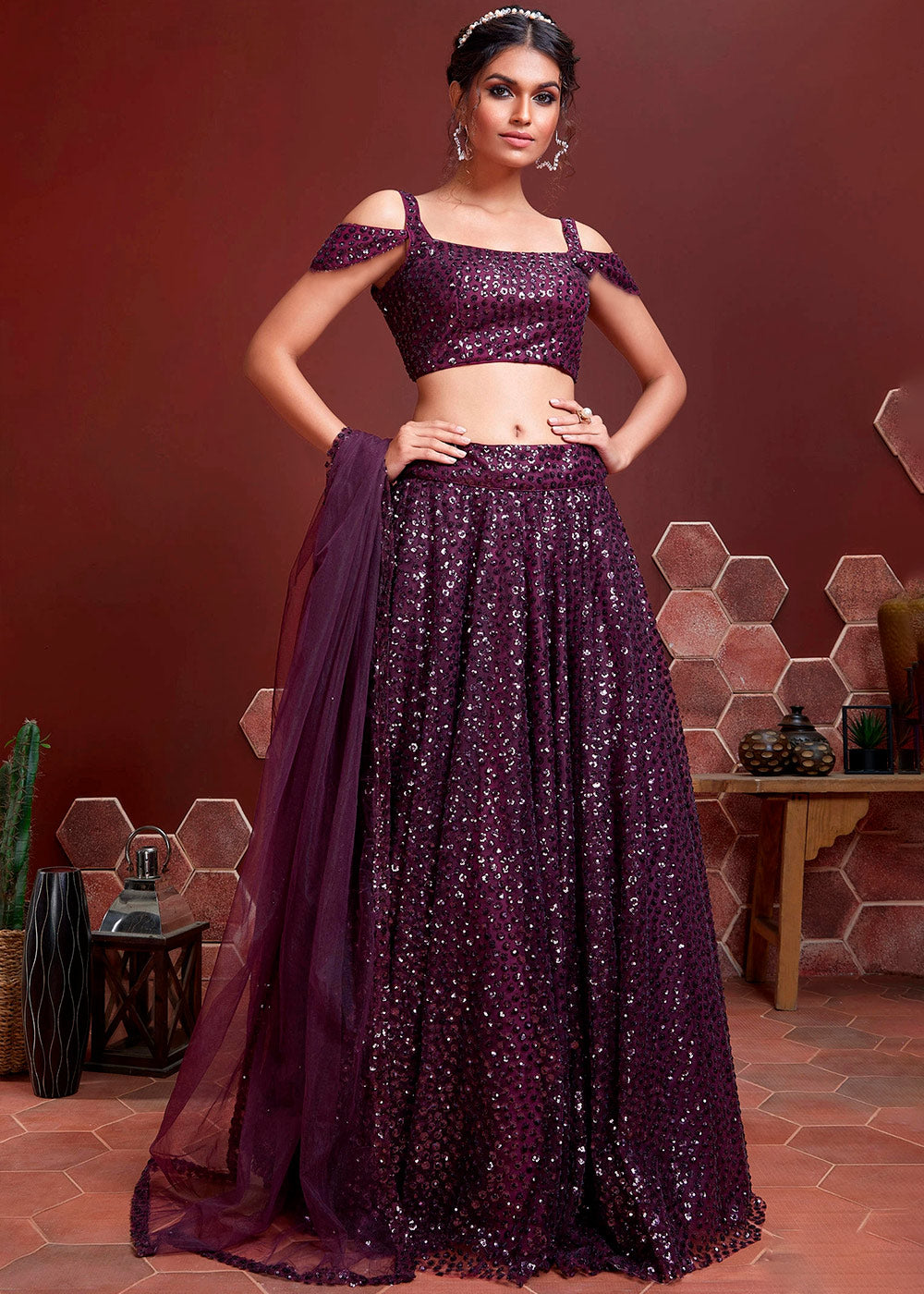 Irish Purple Soft Net Lehenga Choli with Sequins work | Ready To Wear - qivii