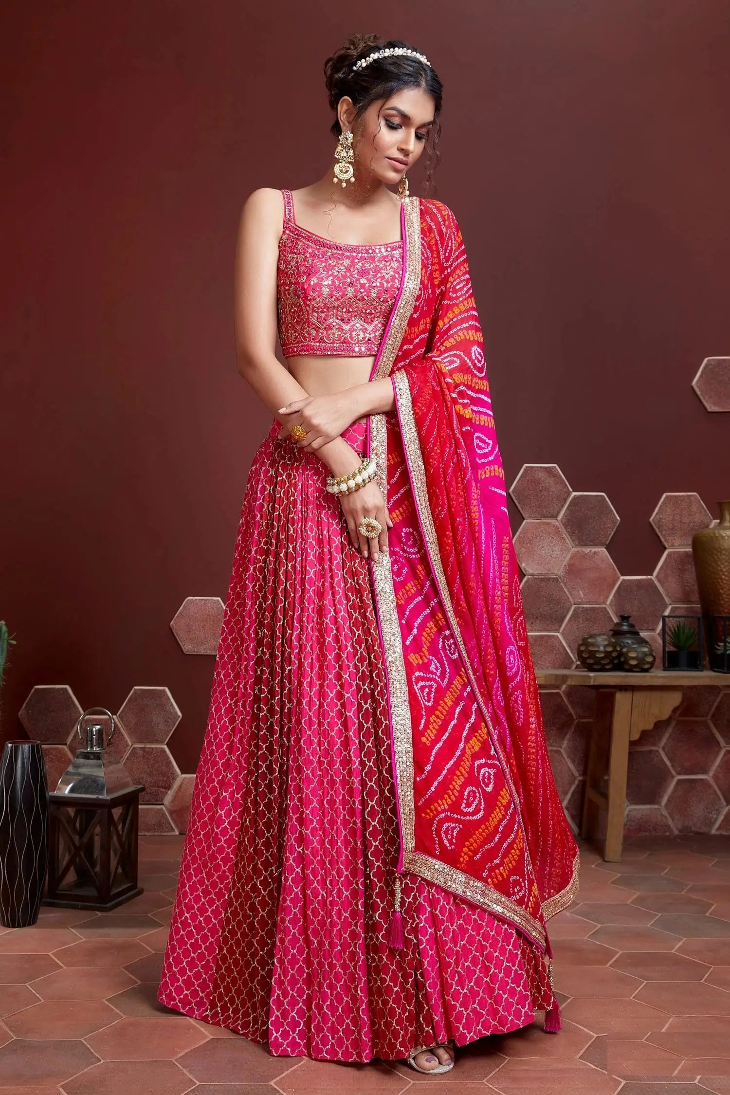 Tulip Pink Lehenga With Digital Print And Heavy Embroidery Sequins Work With Real Mirror Work | Ready To Wear - qivii
