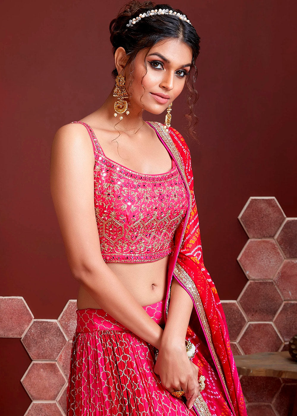 Magenta Pink Chinon Silk Lehenga Choli with Sequins & Mirror work | Ready To Wear - qivii