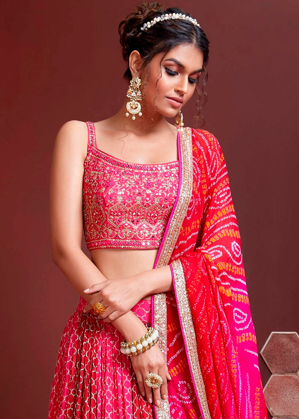 Magenta Pink Chinon Silk Lehenga Choli with Sequins & Mirror work | Ready To Wear - qivii
