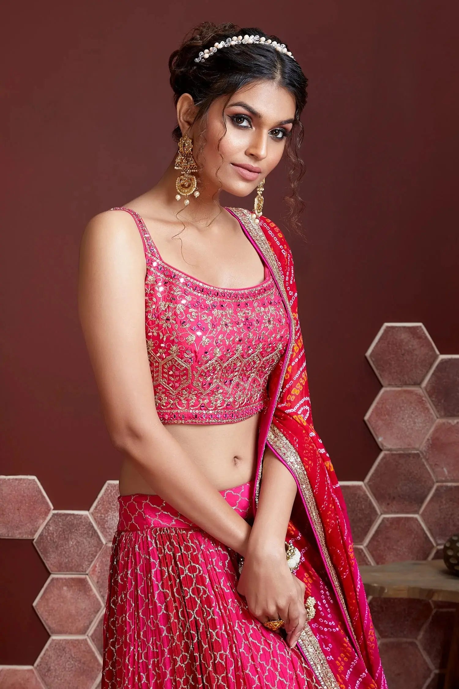 Tulip Pink Lehenga With Digital Print And Heavy Embroidery Sequins Work With Real Mirror Work | Ready To Wear - qivii