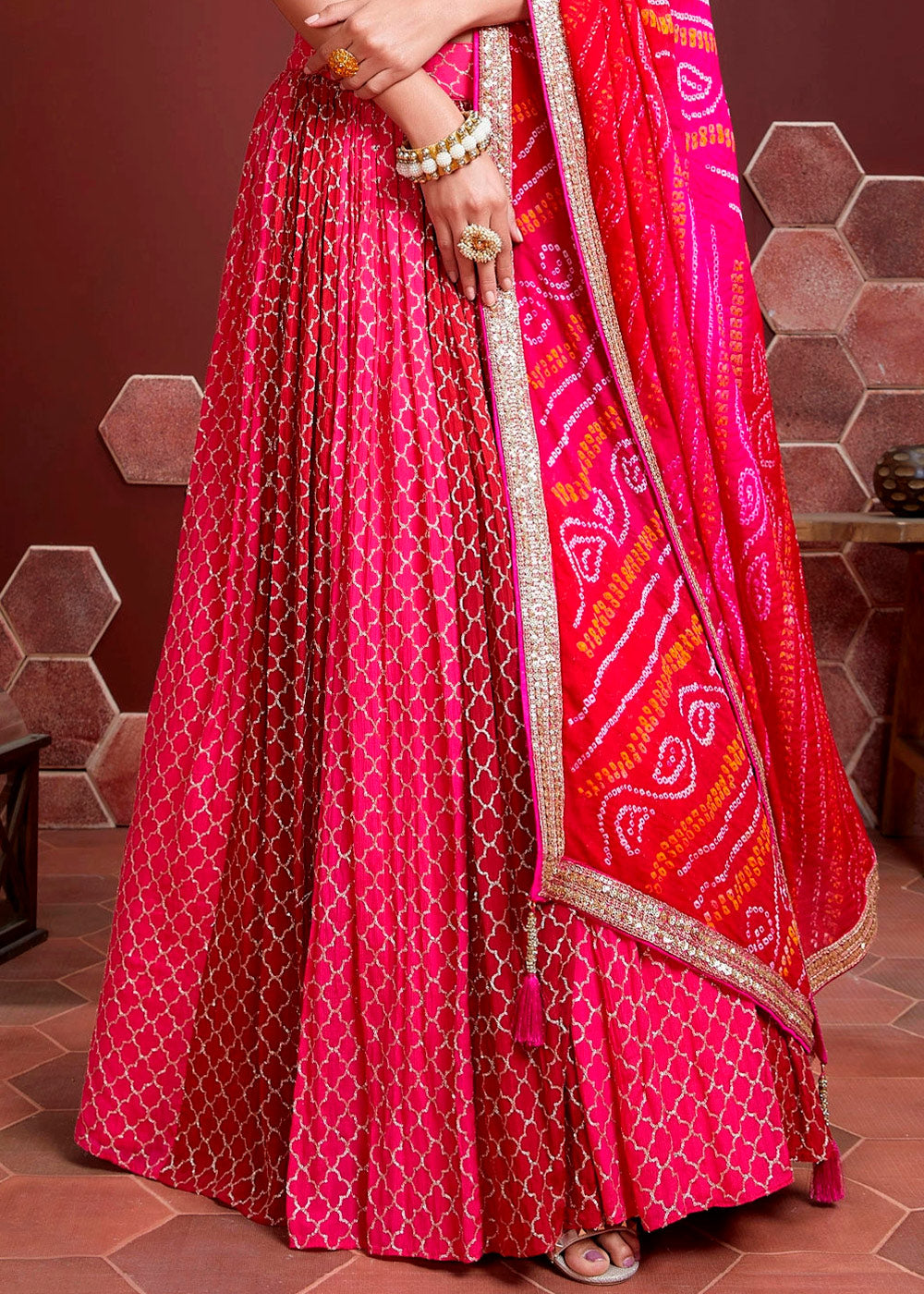 Magenta Pink Chinon Silk Lehenga Choli with Sequins & Mirror work | Ready To Wear - qivii