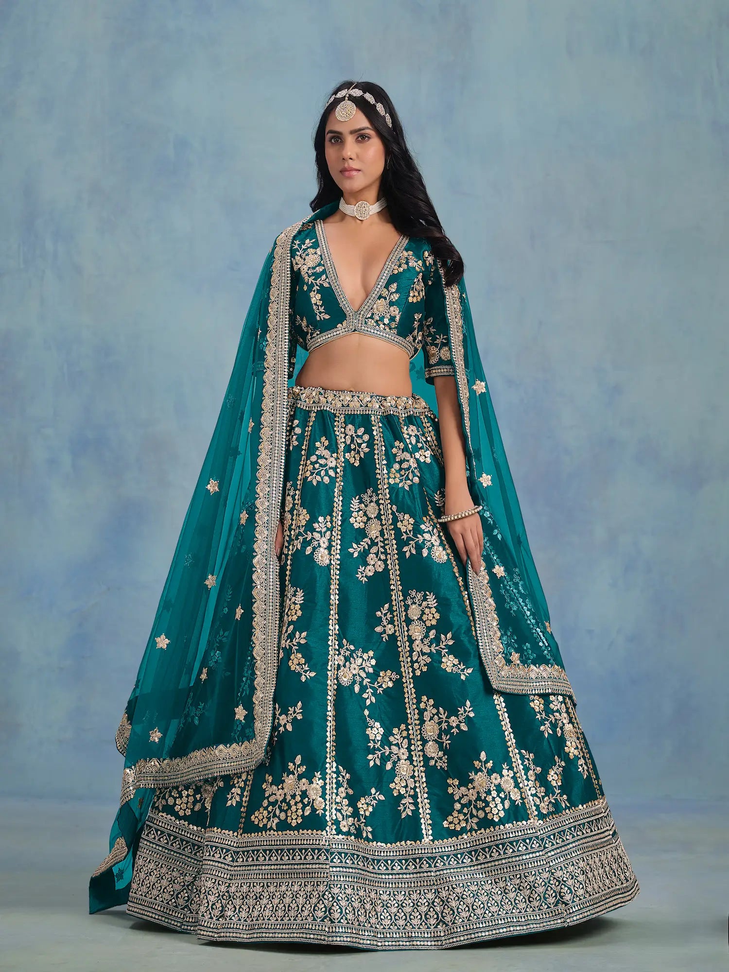 Teal Green Art Silk Thread & Sequence Embroidery Work Lehenga Choli - qivii