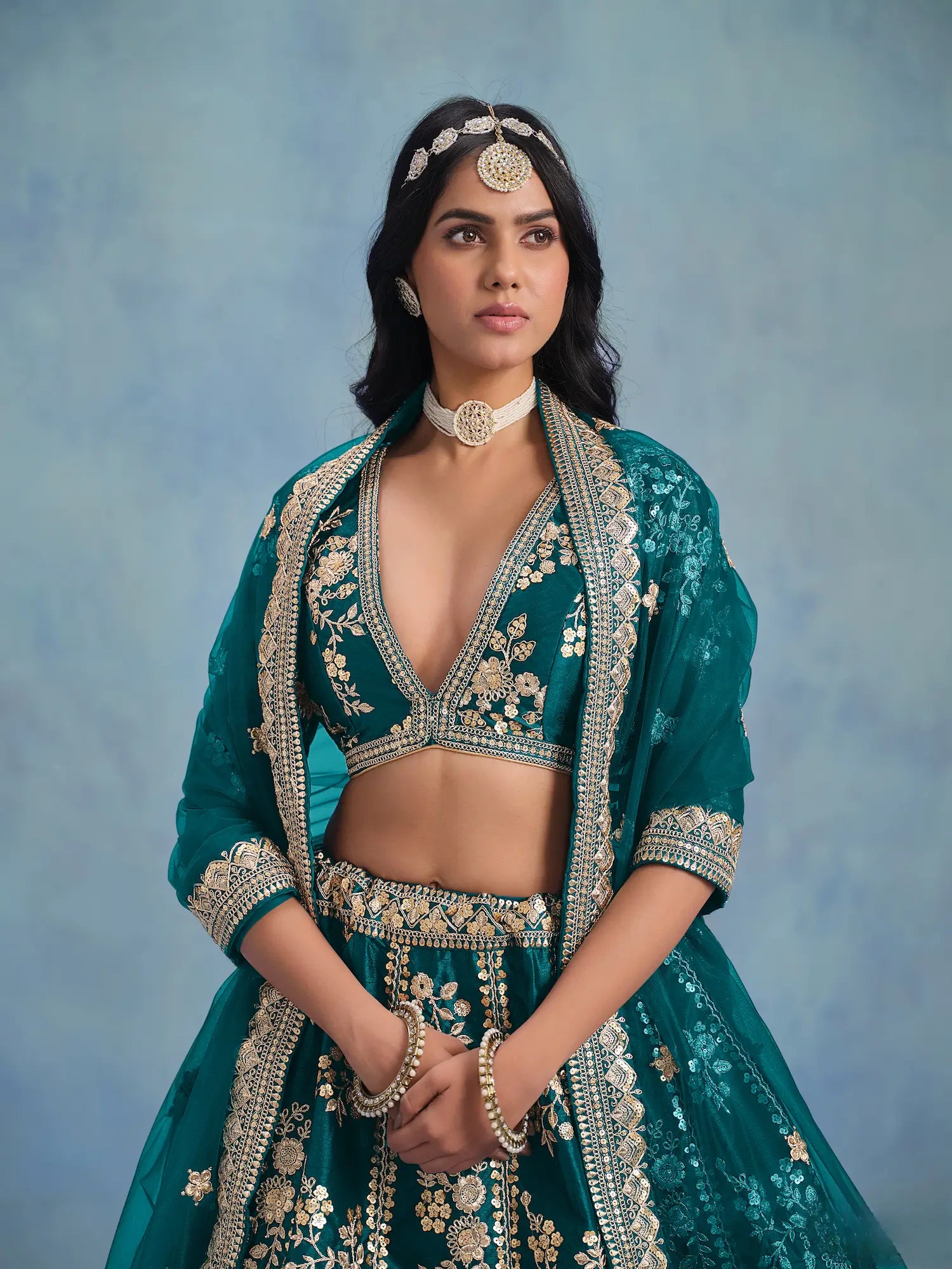 Teal Green Art Silk Thread & Sequence Embroidery Work Lehenga Choli - qivii