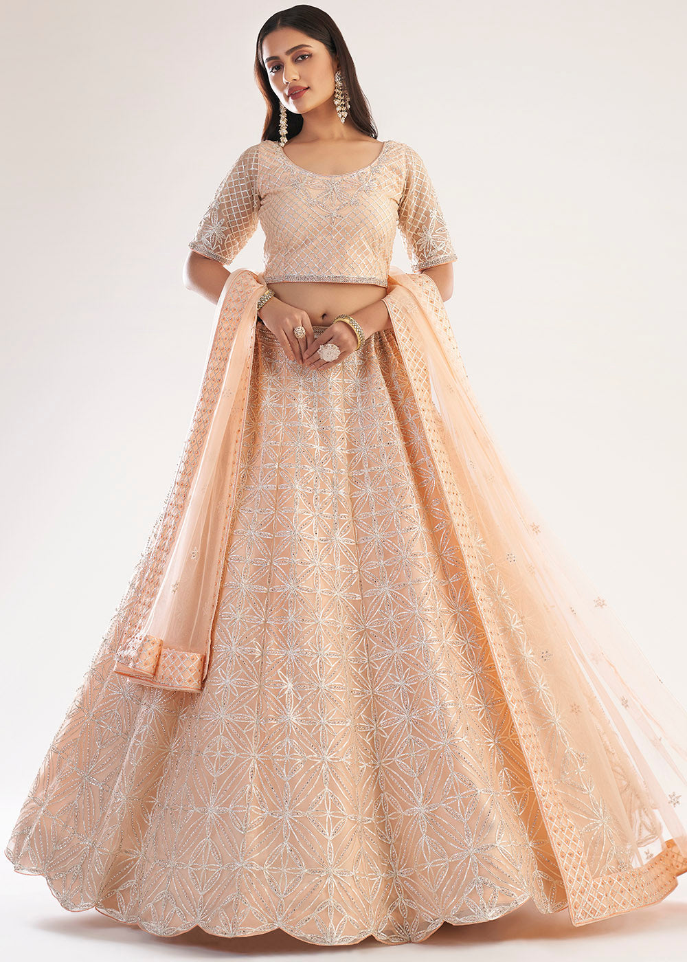 Pastel Salmon Pink Net Lehenga Choli with Gota and Zarkan work | Ready To Wear - qivii