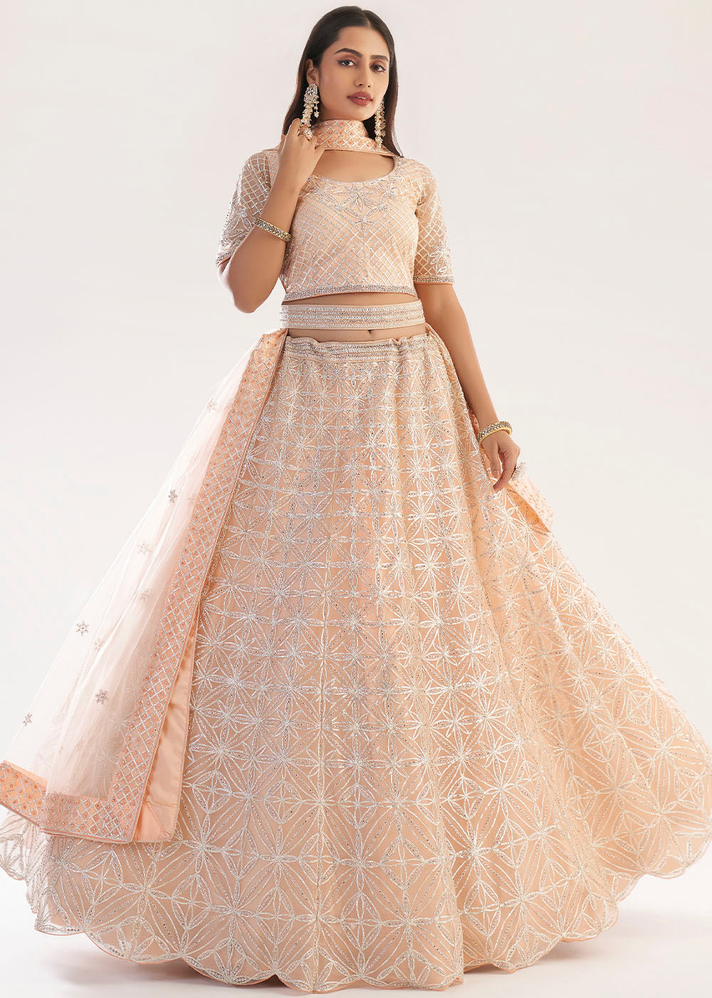 Pastel Salmon Pink Net Lehenga Choli with Gota and Zarkan work | Ready To Wear - qivii