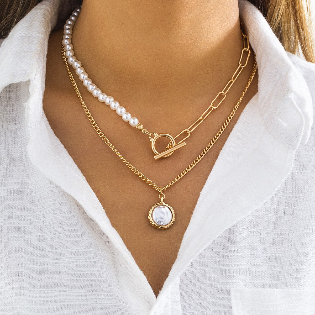 Baroque Stitching Woven Pearl Double Layer Necklace Retro