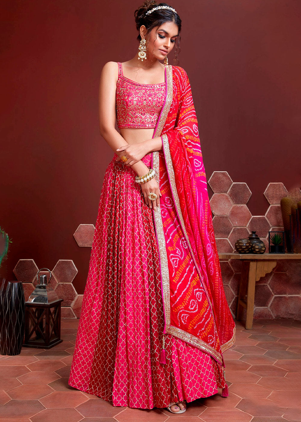 Magenta Pink Chinon Silk Lehenga Choli with Sequins & Mirror work | Ready To Wear - qivii
