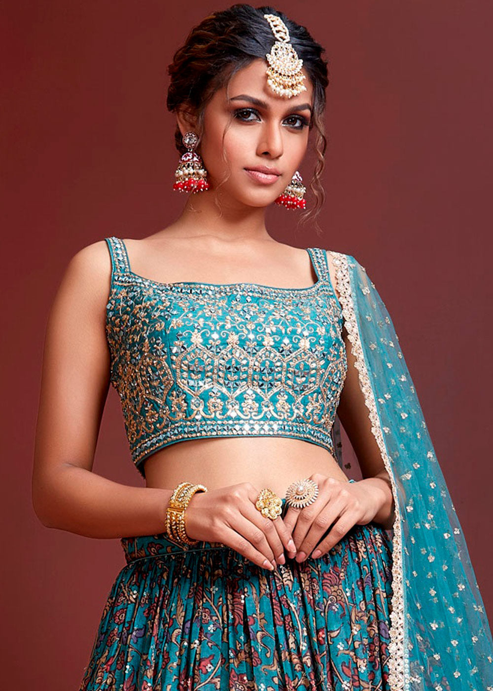 Azure Blue Floral Printed Chinon Silk Lehenga Choli with Sequins & Mirror work | Ready To Wear - qivii