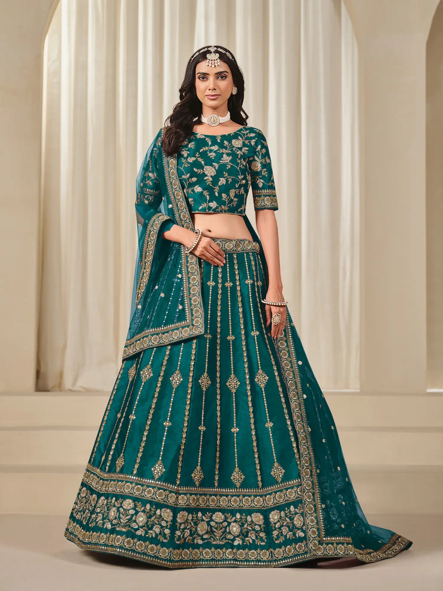 Teal Green Art Silk Thread & Sequins Embroidery Lehenga Choli - qivii
