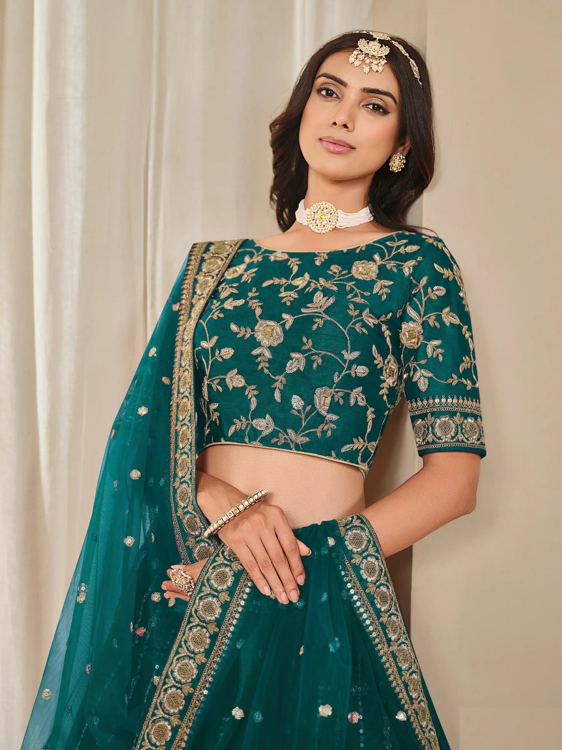 Teal Green Art Silk Thread & Sequins Embroidery Lehenga Choli - qivii