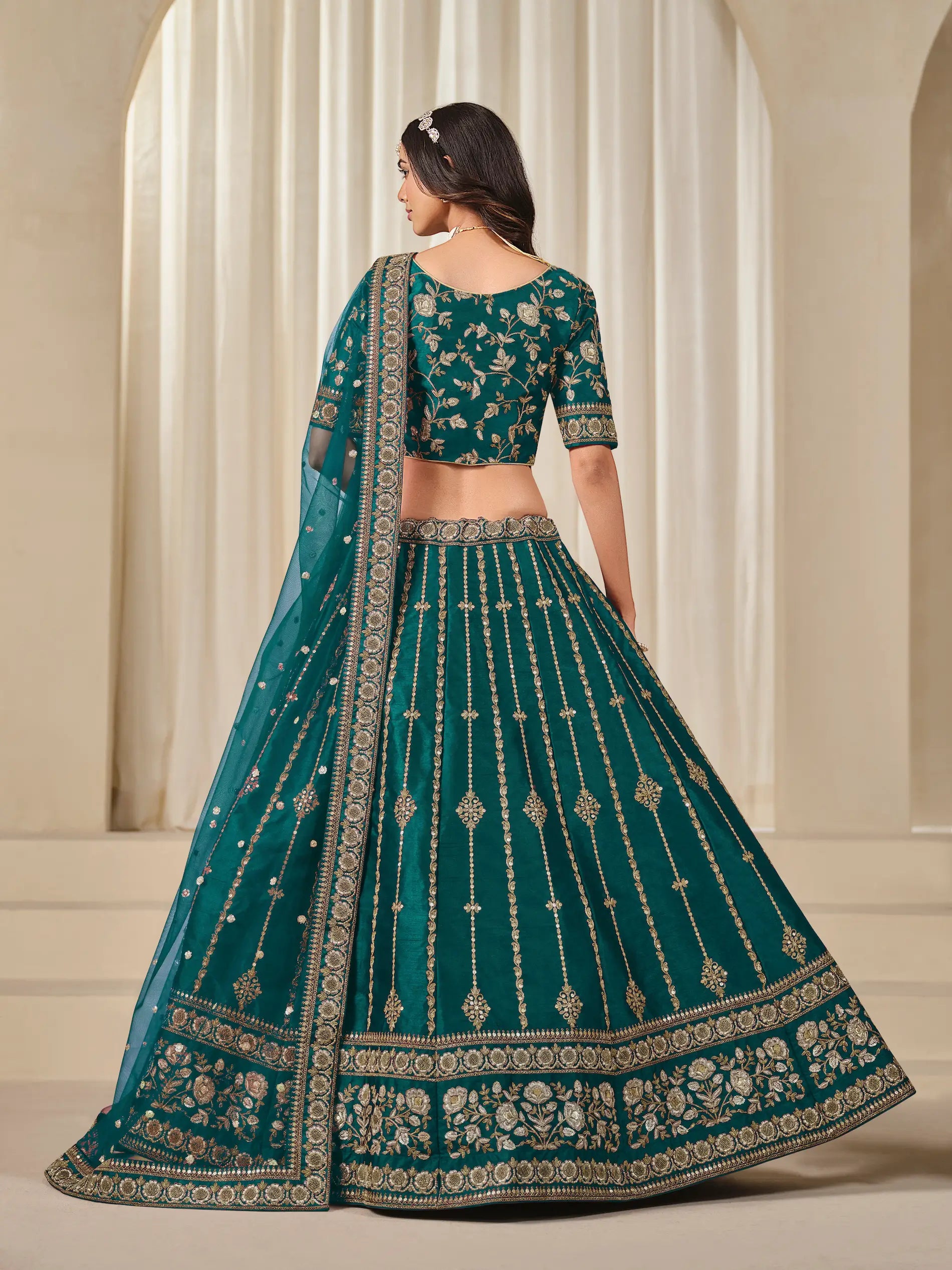 Teal Green Art Silk Thread & Sequins Embroidery Lehenga Choli - qivii