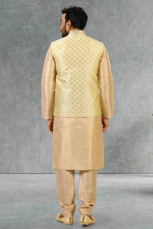 Men's Jacquard Banarasi Silk Woven Work 3 Pics Jacket Set In Gold Colour