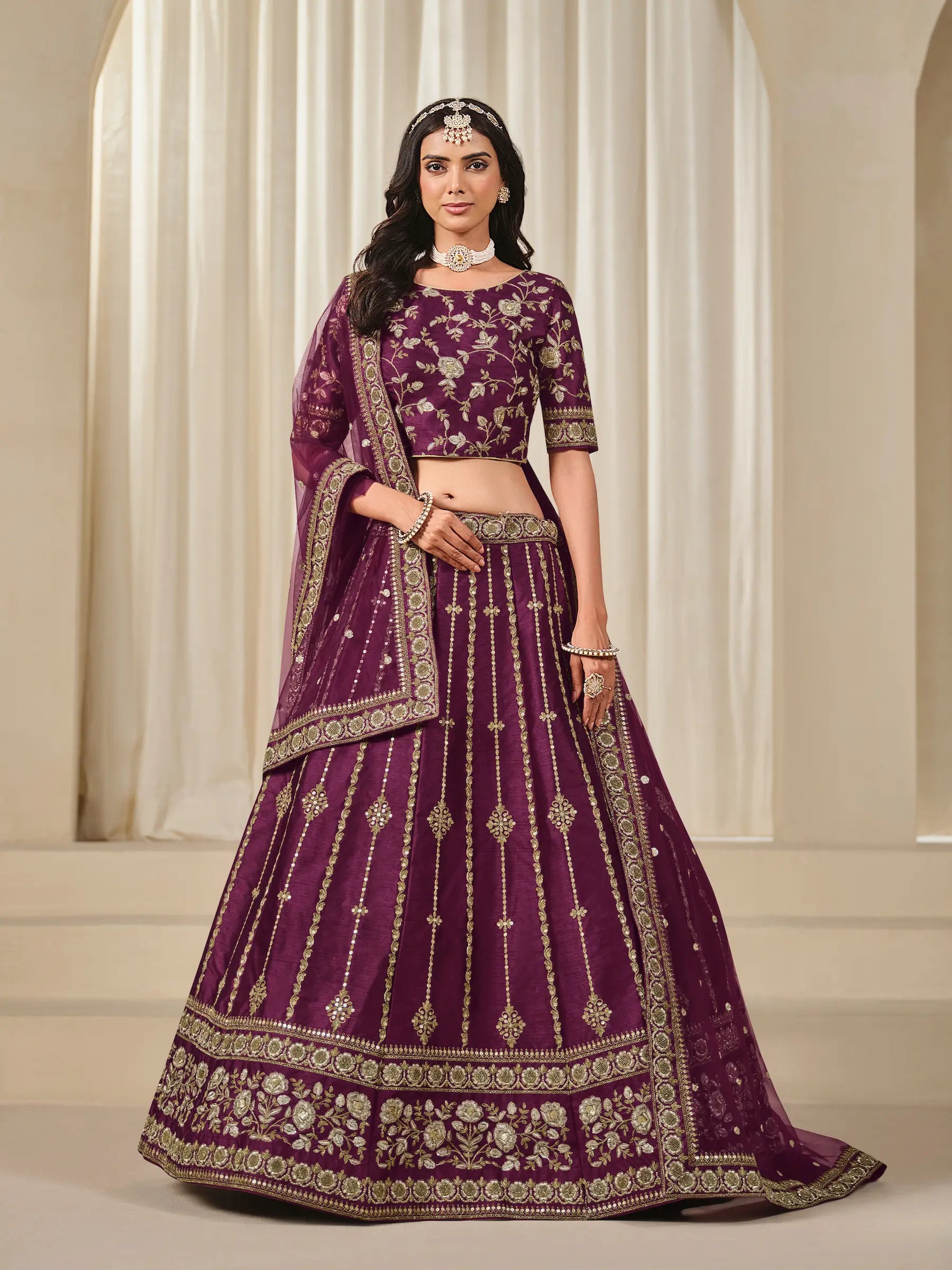 Dusty Wine Art Silk Thread & Sequins Embroidery Lehenga Choli - qivii