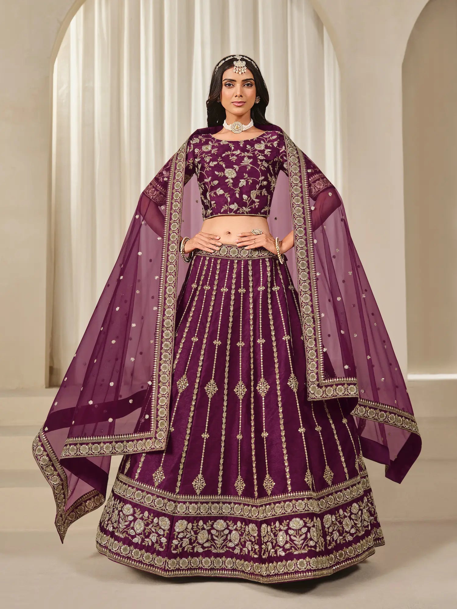 Dusty Wine Art Silk Thread & Sequins Embroidery Lehenga Choli - qivii