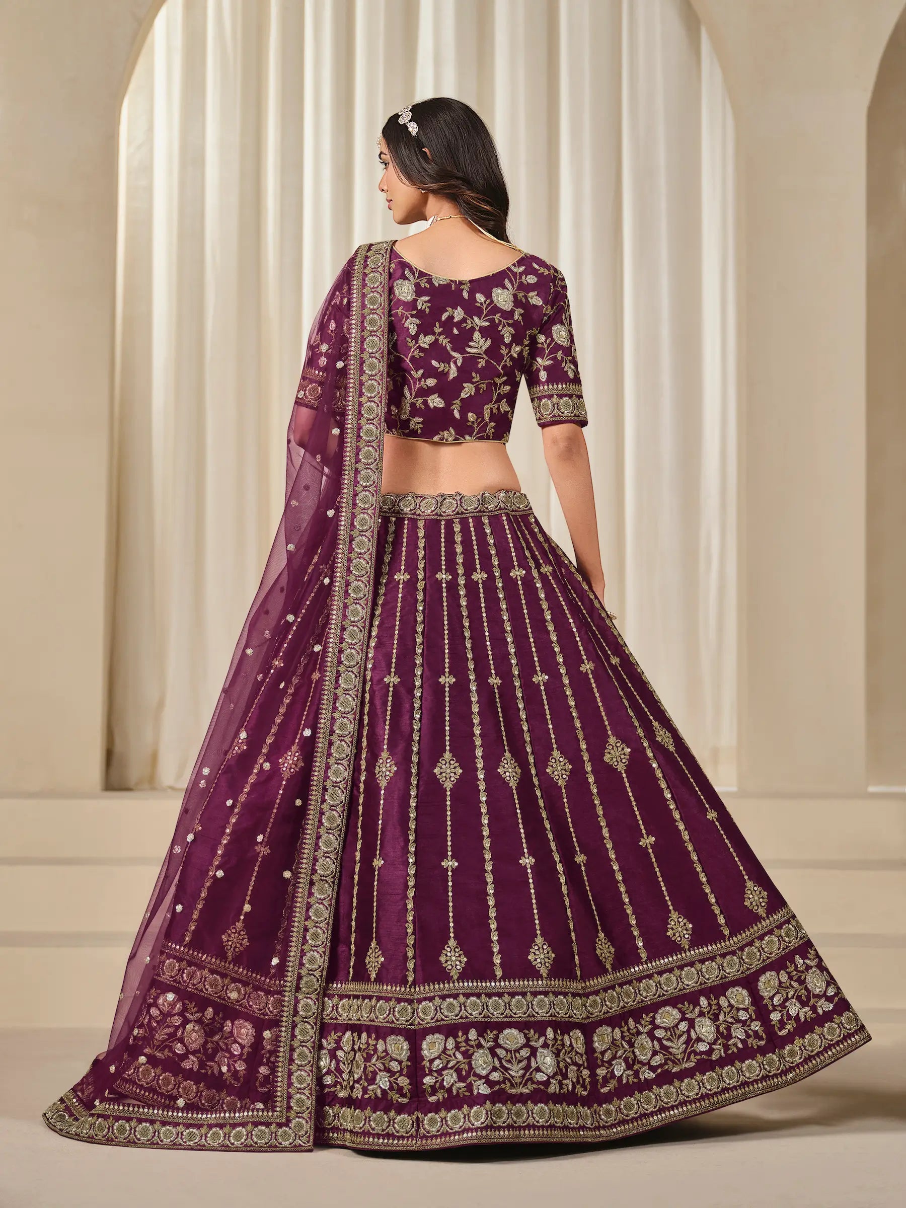 Dusty Wine Art Silk Thread & Sequins Embroidery Lehenga Choli - qivii