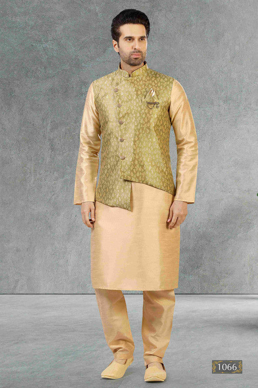 Men's Jacquard Banarasi Silk Woven Work 3 Pics Jacket Set In Light Green Colour