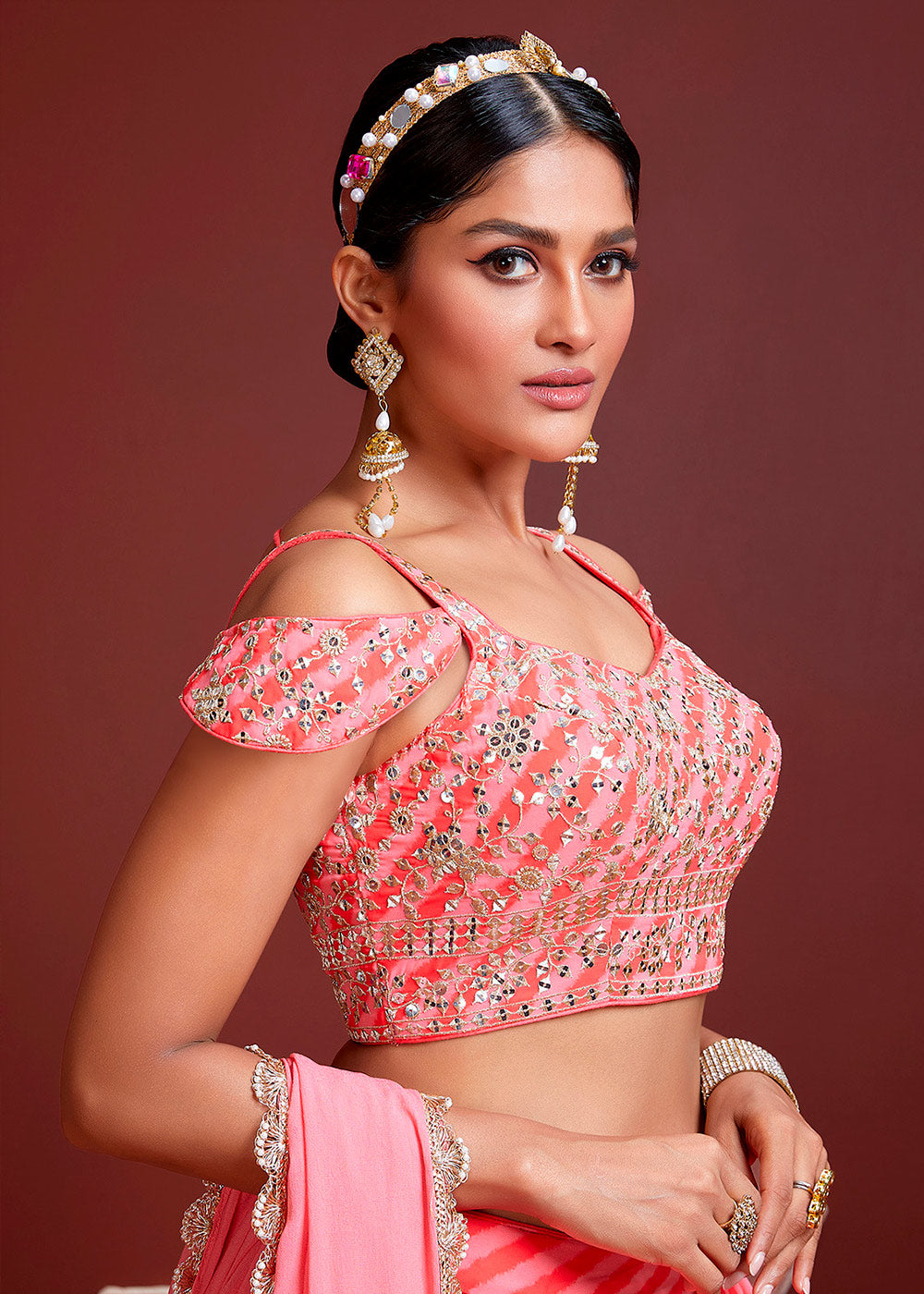 Shades Of Pink leheriya Printed Organza Silk Lehenga Choli with Zari & Sequins work | Ready To Wear - qivii