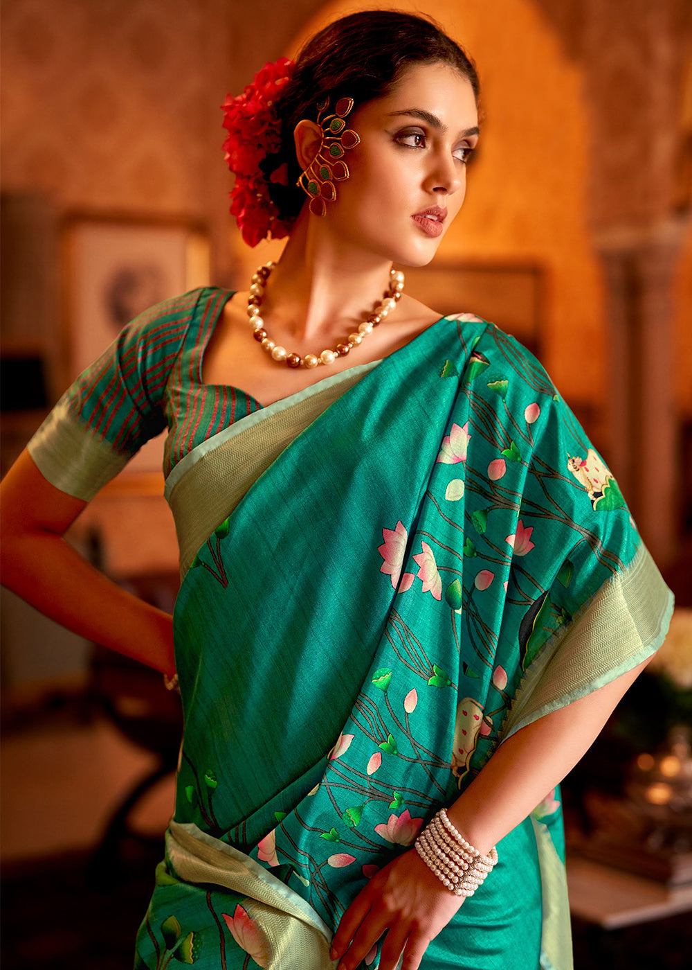 Jade Green Floral Printed Manipuri Silk Saree - qivii