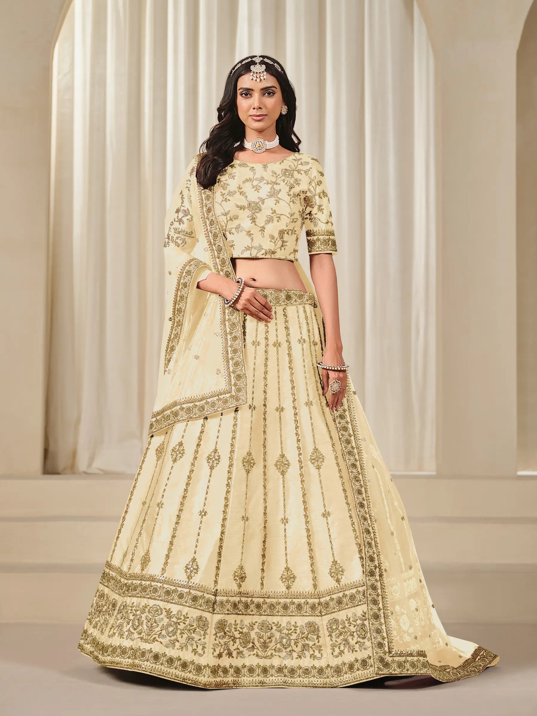 Beige Art Silk Thread & Sequins Embroidery Lehenga Choli - qivii