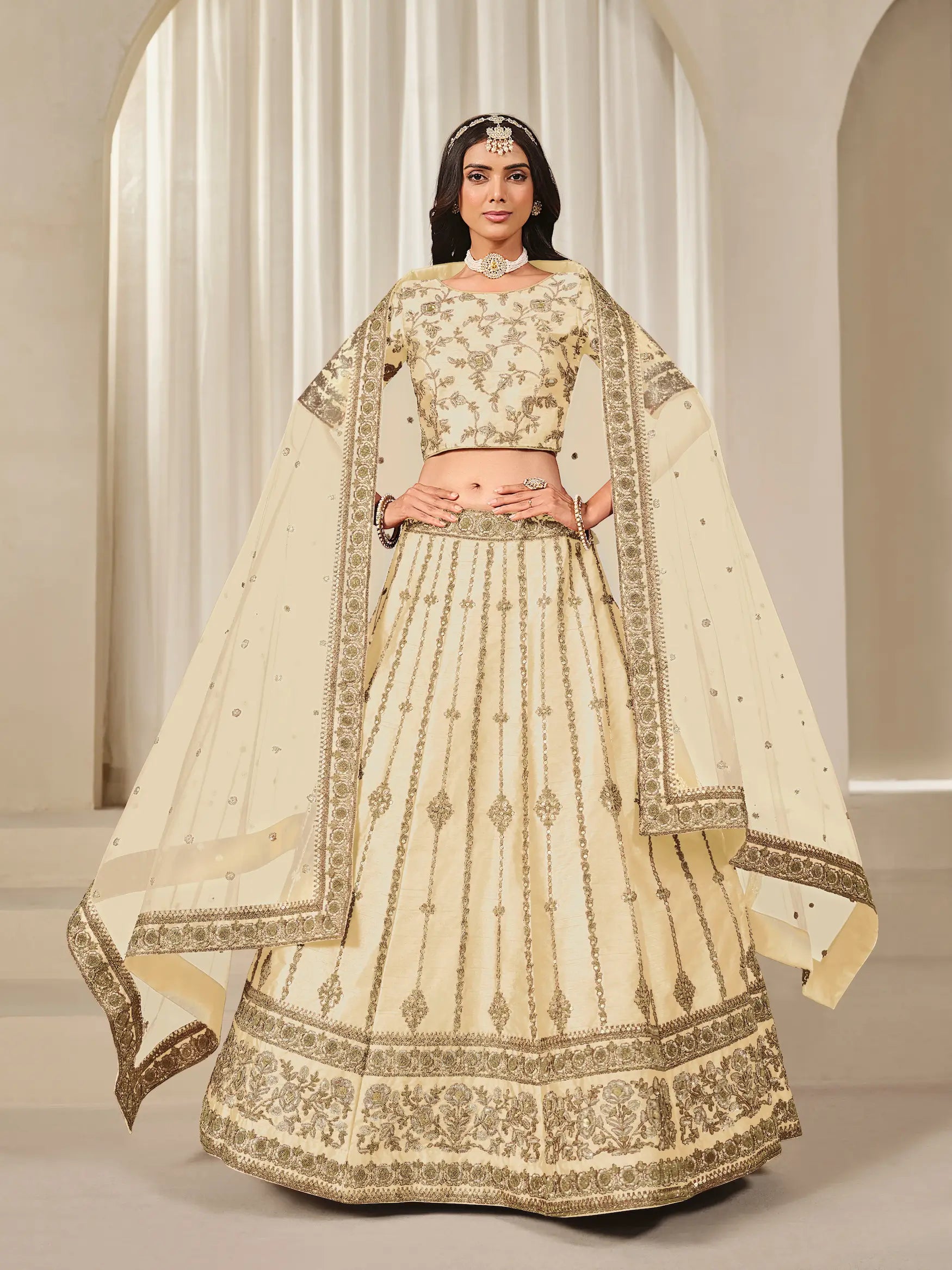 Beige Art Silk Thread & Sequins Embroidery Lehenga Choli - qivii