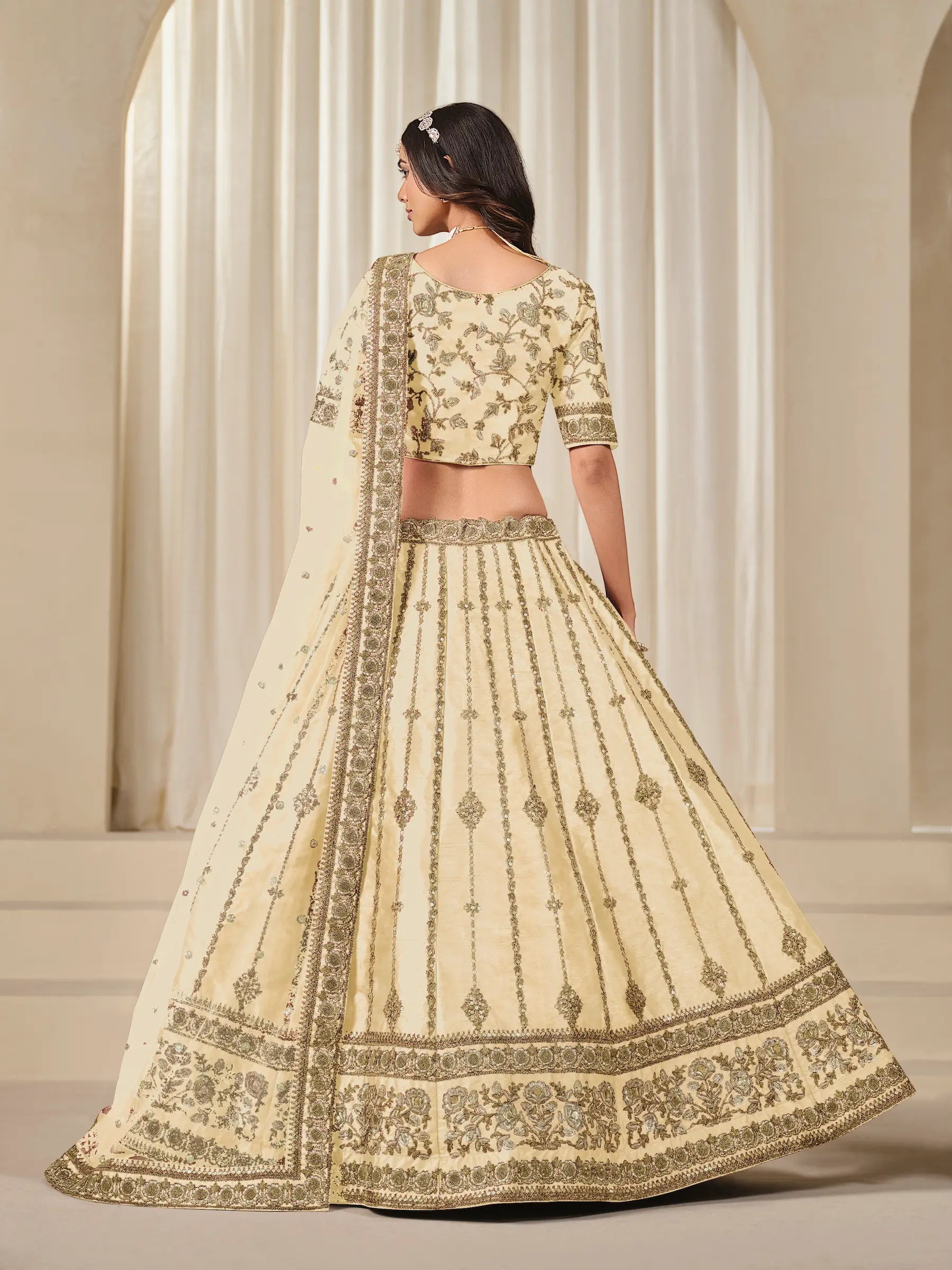 Beige Art Silk Thread & Sequins Embroidery Lehenga Choli - qivii