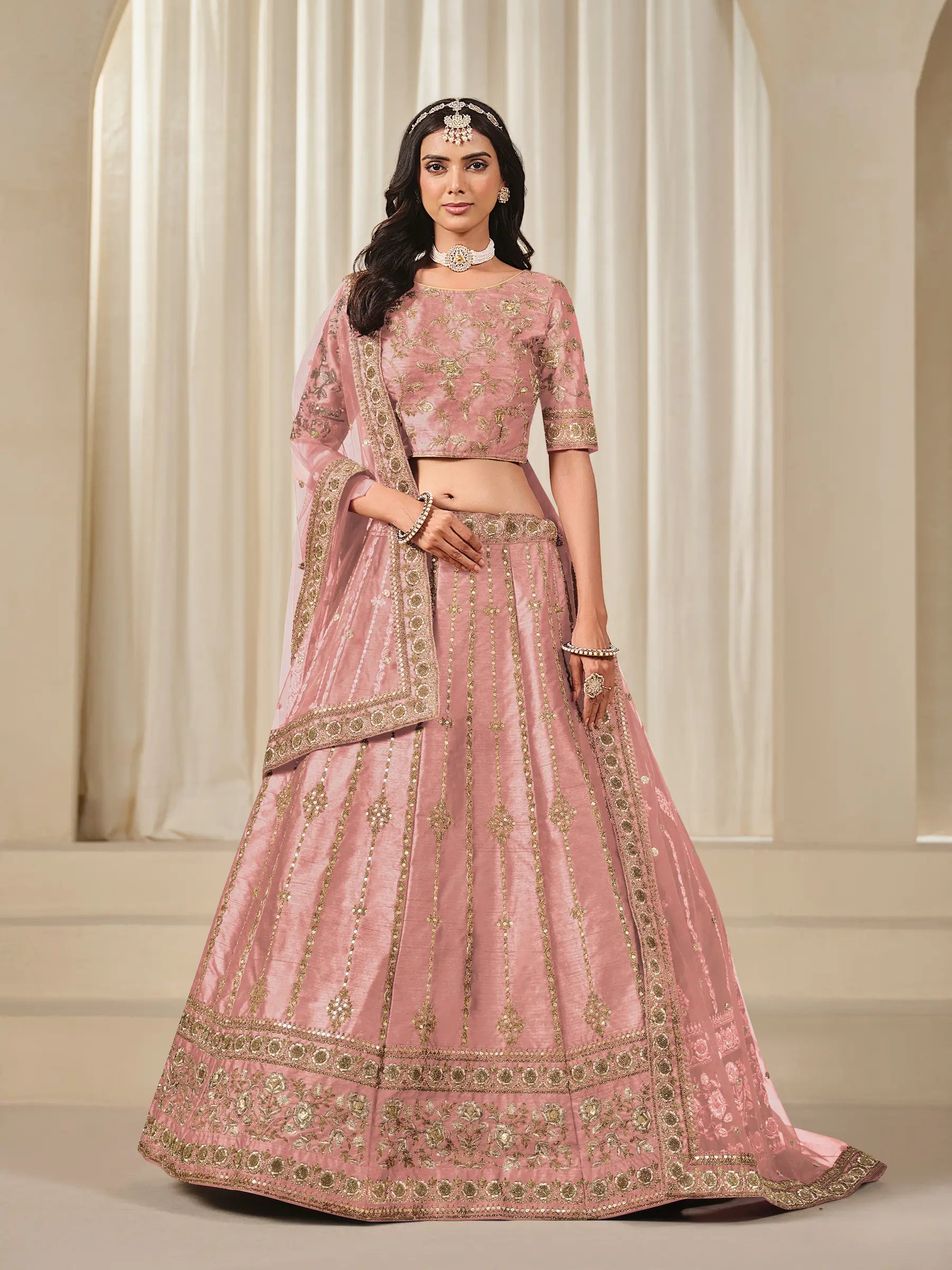 Dusty Pink Art Silk Thread & Sequins Embroidery Lehenga Choli - qivii