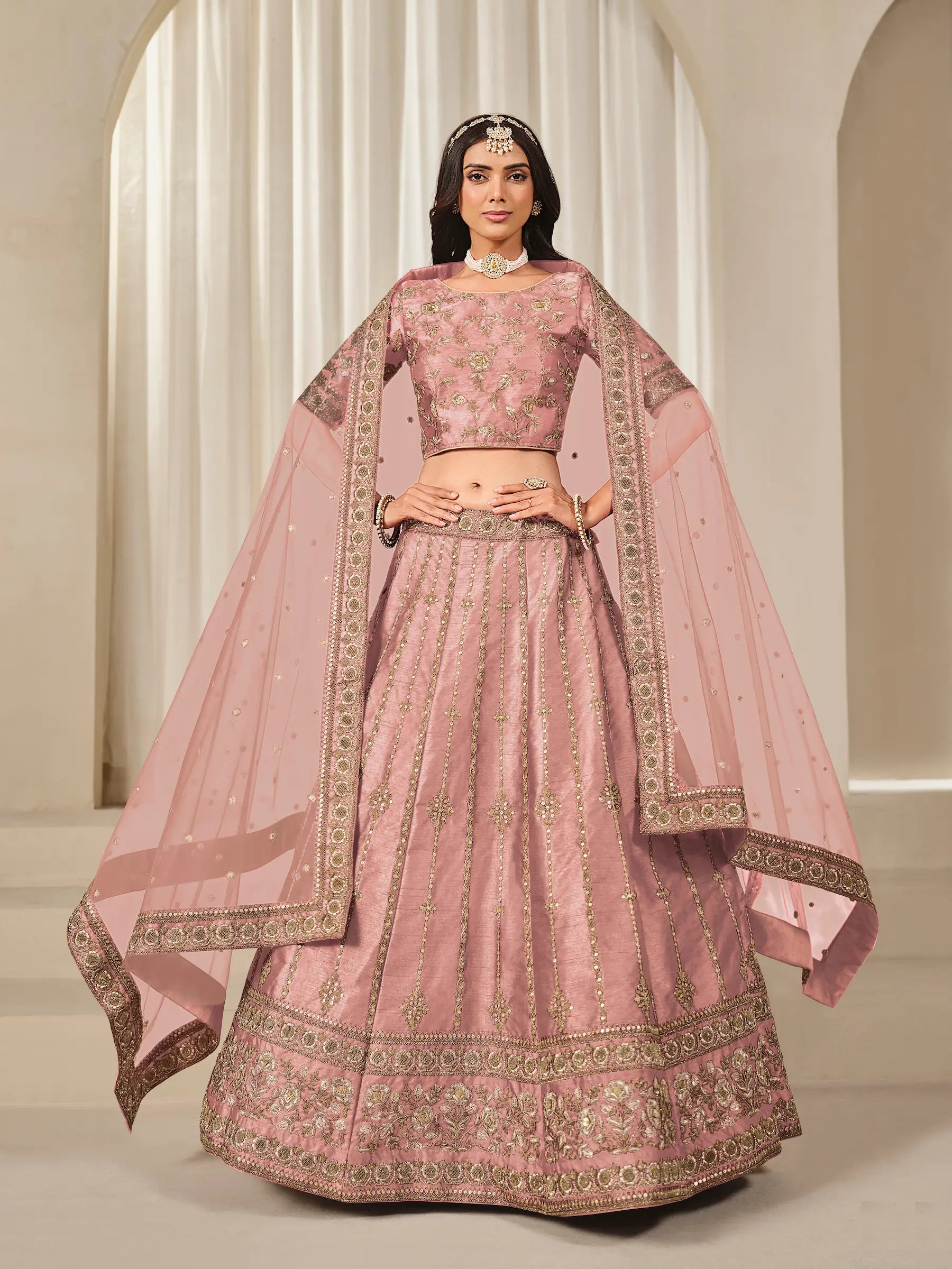 Dusty Pink Art Silk Thread & Sequins Embroidery Lehenga Choli - qivii