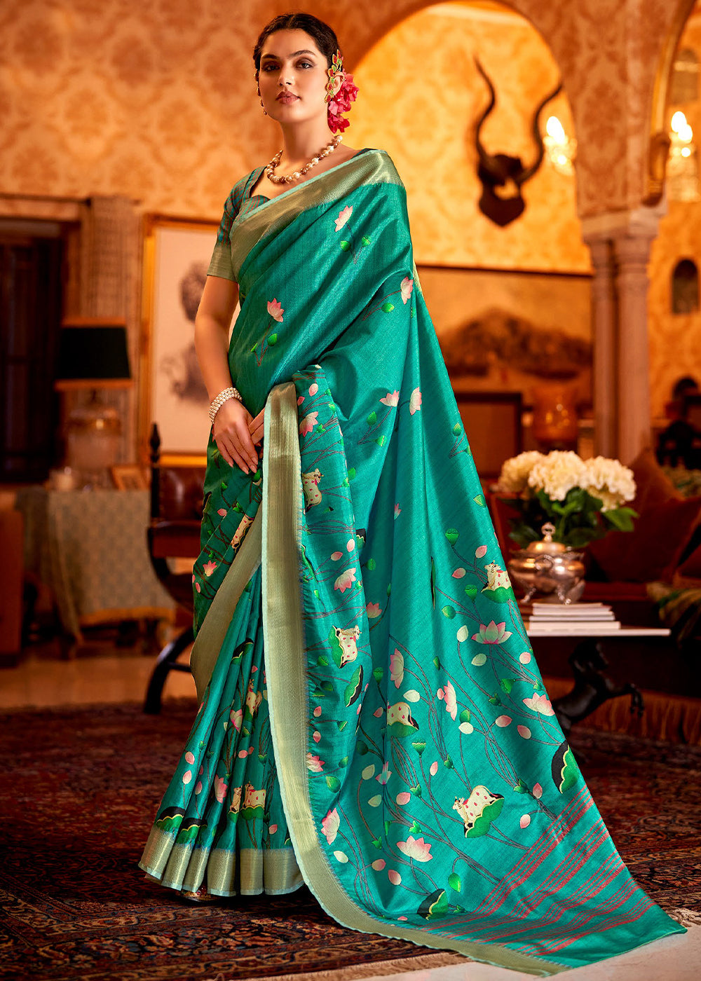 Jade Green Floral Printed Manipuri Silk Saree - qivii