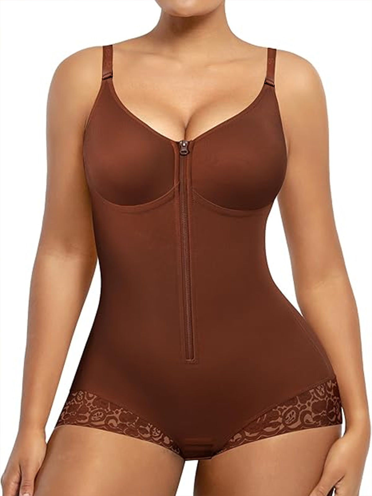 Lace-trimmed Tummy Control Zipper Shapewear Bodysuit