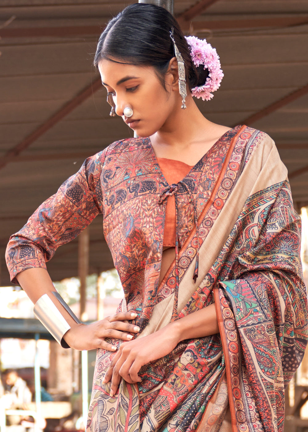 Amber Orange Madhubani Digital Printed Silk Saree - qivii