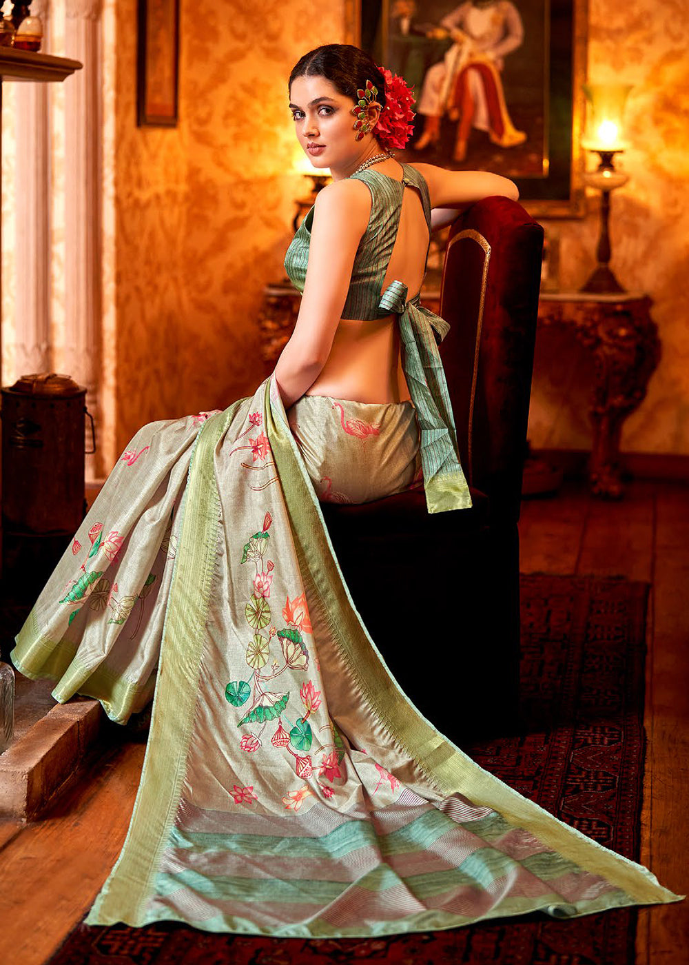 Brownish Grey Floral Printed Manipuri Silk Saree - qivii