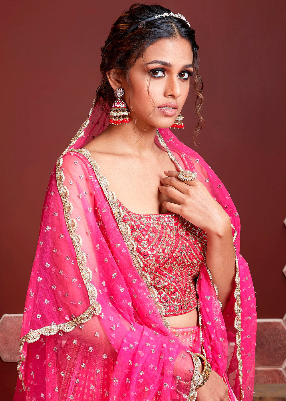 Peony Pink Bandhani Printed Chinon Silk Lehenga Choli with Embroidery & Mirror work | Ready To Wear - qivii